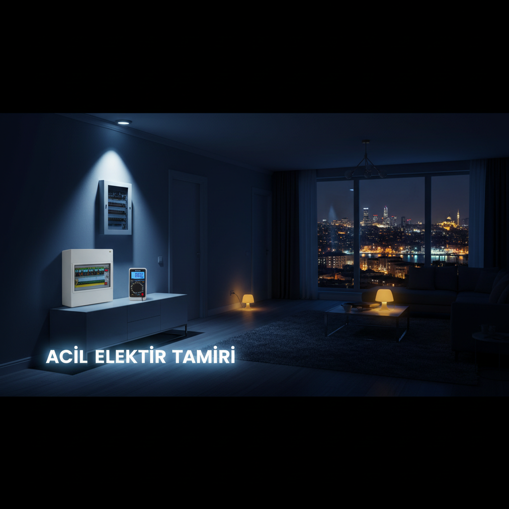 Wide photorealistic interior view of a modern Turkish living room at night, partially dark due to a simulated power outage, with only a few strategically lit lamps and LED emergency lights glowing. A sleek white fuse box and a digital voltage tester rest on a minimalist sideboard, both sharply lit by a focused cool-white spotlight, symbolizing acil elektrik tamiri. Through a large window, the blurred lights of Istanbul’s European Side skyline are visible. The composition uses rule of thirds, with strong contrast between dark and lit areas, creating a sense of urgency yet calm professionalism, ideal for a 7/24 emergency service homepage hero image.