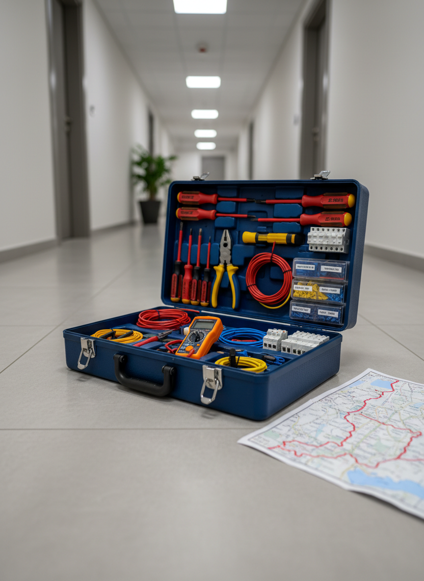 Photorealistic detail shot of a sturdy, professional-grade toolbox opened on a clean tiled apartment corridor floor, filled with organized electrical repair tools: insulated screwdrivers, voltage testers, cable strippers, neatly coiled colored cables, compact circuit breakers, and labeled connectors. Next to the toolbox lies a folded floor plan map with the European Side of Istanbul subtly highlighted in red. Overhead neutral-white hallway lighting creates soft, defined shadows and metallic reflections on the tools, suggesting readiness and reliability. Captured from a slightly elevated angle with shallow depth of field, the foreground tools are in sharp focus while the corridor recedes into a soft blur, conveying a focused, trustworthy, always-prepared emergency electrical repair service.