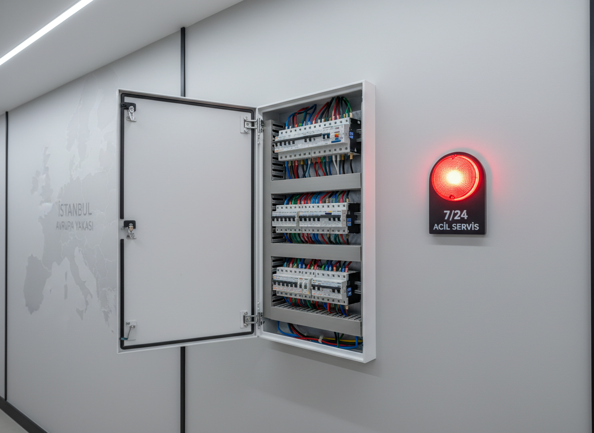 Photorealistic close-up of a modern white electrical distribution panel mounted on a clean light-gray wall in a contemporary Istanbul apartment hallway. The panel door is open, revealing neatly organized breakers, labeled circuits, and thick copper wiring routed with professional precision. A bright red emergency-style indicator light glows on the wall nearby, suggesting 7/24 acil servis. Cool, even LED ceiling lighting casts crisp, shadow-free illumination, highlighting the orderliness and reliability. In the softly blurred background, a city map outline subtly hints at Istanbul Avrupa Yakası. Shot at eye level with sharp focus on the panel, the mood is professional, urgent yet controlled, conveying trust and readiness for emergency electrical repair.