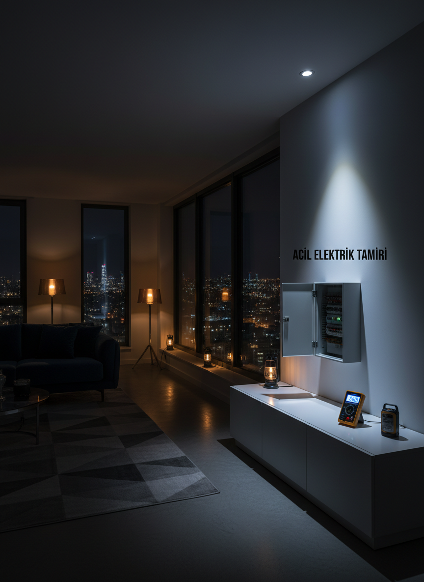 Wide photorealistic interior view of a modern Turkish living room at night, partially dark due to a simulated power outage, with only a few strategically lit lamps and LED emergency lights glowing. A sleek white fuse box and a digital voltage tester rest on a minimalist sideboard, both sharply lit by a focused cool-white spotlight, symbolizing acil elektrik tamiri. Through a large window, the blurred lights of Istanbul’s European Side skyline are visible. The composition uses rule of thirds, with strong contrast between dark and lit areas, creating a sense of urgency yet calm professionalism, ideal for a 7/24 emergency service homepage hero image.