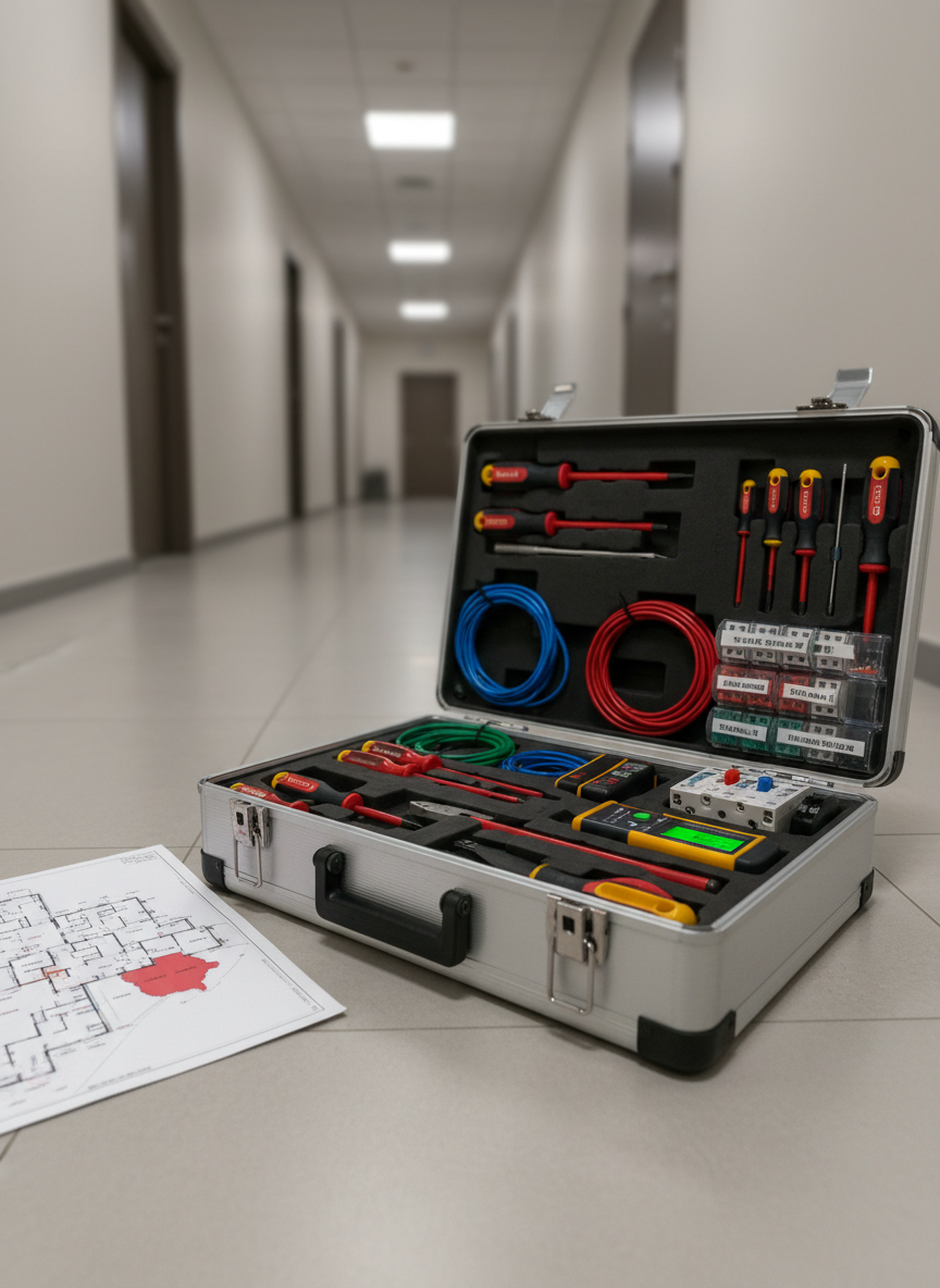 Photorealistic detail shot of a sturdy, professional-grade toolbox opened on a clean tiled apartment corridor floor, filled with organized electrical repair tools: insulated screwdrivers, voltage testers, cable strippers, neatly coiled colored cables, compact circuit breakers, and labeled connectors. Next to the toolbox lies a folded floor plan map with the European Side of Istanbul subtly highlighted in red. Overhead neutral-white hallway lighting creates soft, defined shadows and metallic reflections on the tools, suggesting readiness and reliability. Captured from a slightly elevated angle with shallow depth of field, the foreground tools are in sharp focus while the corridor recedes into a soft blur, conveying a focused, trustworthy, always-prepared emergency electrical repair service.