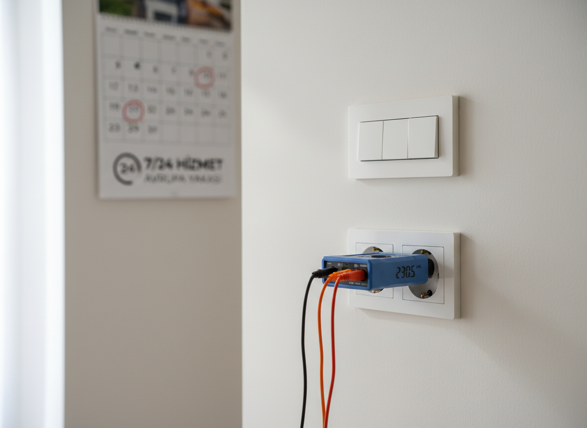Photorealistic close-up of a modern wall electrical socket panel and a sleek light switch on a freshly painted off-white wall in a contemporary Istanbul apartment. A professional digital multimeter is connected to the outlet, its bright display showing stable readings, symbolizing precise diagnostics. In the blurred background, a simple graphic wall calendar with circled days and a 24-hour clock icon subtly indicates 7/24 hizmet on the Avrupa Yakası. Soft, diffused daylight streams from an unseen window, creating gentle highlights on the glossy plastic surfaces and faint shadows along the wall. The composition is minimalist and centered, emphasizing safety, reliability, and meticulous electrical repair.