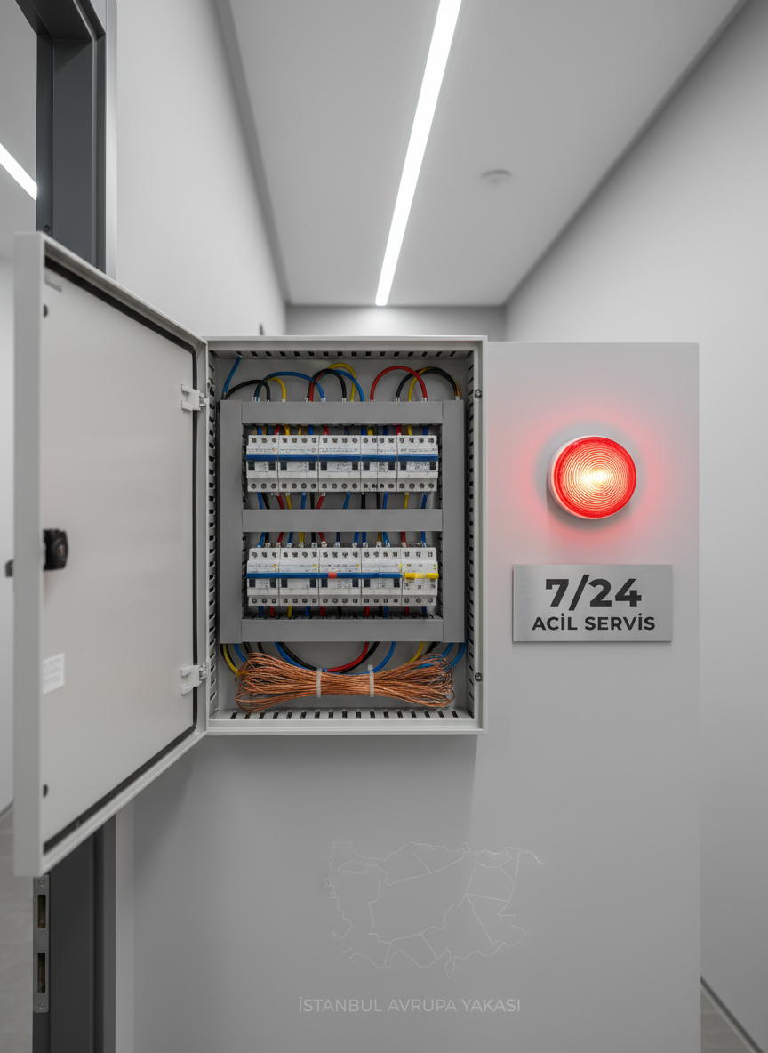 Photorealistic close-up of a modern white electrical distribution panel mounted on a clean light-gray wall in a contemporary Istanbul apartment hallway. The panel door is open, revealing neatly organized breakers, labeled circuits, and thick copper wiring routed with professional precision. A bright red emergency-style indicator light glows on the wall nearby, suggesting 7/24 acil servis. Cool, even LED ceiling lighting casts crisp, shadow-free illumination, highlighting the orderliness and reliability. In the softly blurred background, a city map outline subtly hints at Istanbul Avrupa Yakası. Shot at eye level with sharp focus on the panel, the mood is professional, urgent yet controlled, conveying trust and readiness for emergency electrical repair.