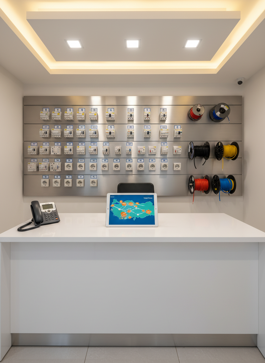 Photorealistic wide shot of a small, well-organized electrical service office reception area in Istanbul’s European Side. A clean white counter holds a sleek landline phone and a tablet displaying a stylized map of Avrupa Yakası with highlighted service zones, representing hızlı ulaşım. Behind the counter, a wall-mounted board shows orderly rows of labeled circuit breakers, spare sockets, and tidy cable reels instead of text signage. Warm neutral ceiling lights create an inviting, professional atmosphere, with soft shadows enhancing depth. Shot at eye level with balanced framing, the scene feels trustworthy and efficient, ideal for conveying a local, reliable, emergency electrical repair business identity without using people or visible language text.